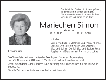 Anzeige von Mariechen Simon von MGO
