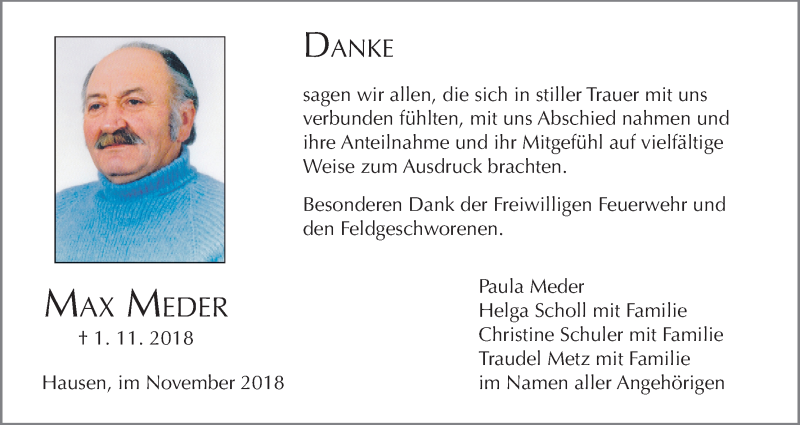  Traueranzeige für Max Meder vom 17.11.2018 aus MGO