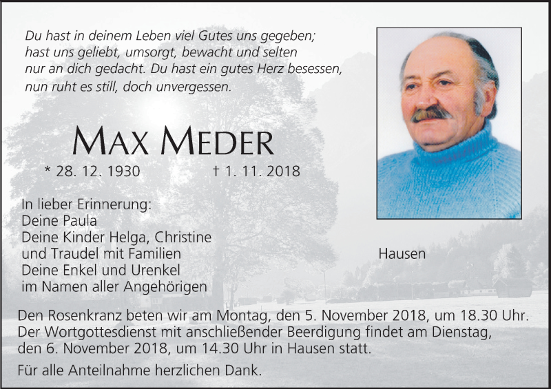  Traueranzeige für Max Meder vom 03.11.2018 aus MGO