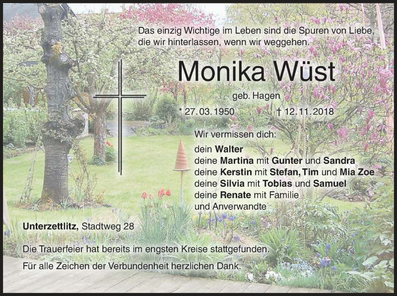  Traueranzeige für Monika Wüst vom 17.11.2018 aus MGO
