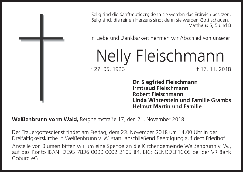  Traueranzeige für Nelly Fleischmann vom 21.11.2018 aus MGO