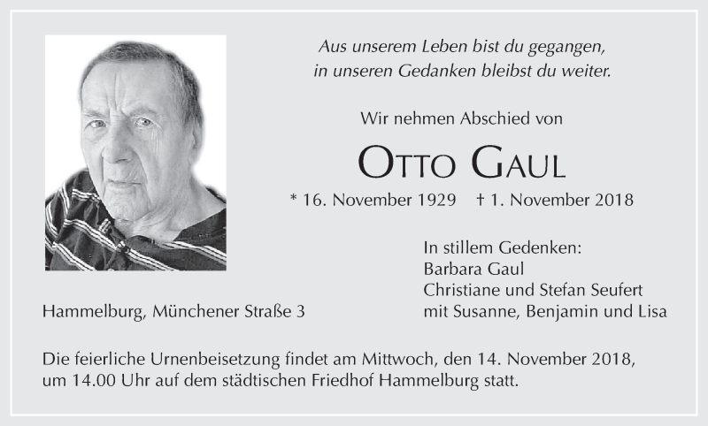  Traueranzeige für Otto Gaul vom 10.11.2018 aus MGO