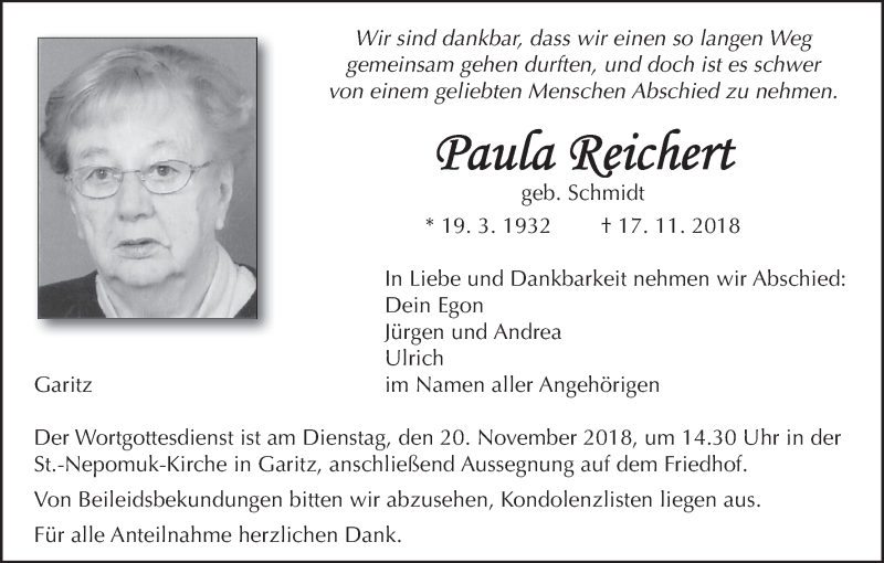  Traueranzeige für Paula Reichert vom 19.11.2018 aus MGO