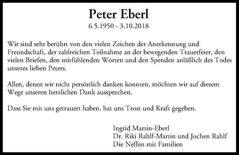  Traueranzeige für Peter Eberl vom 17.11.2018 aus MGO