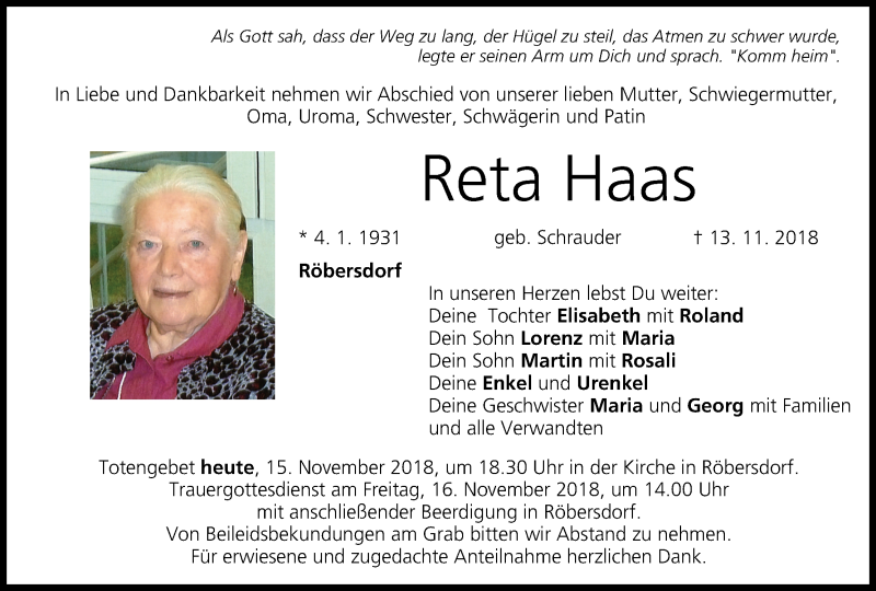  Traueranzeige für Reta Haas vom 15.11.2018 aus MGO