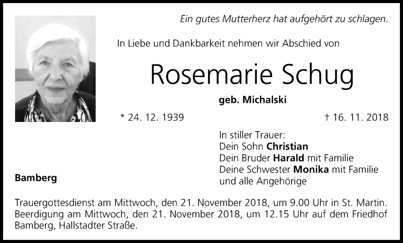  Traueranzeige für Rosemarie Schug vom 19.11.2018 aus MGO