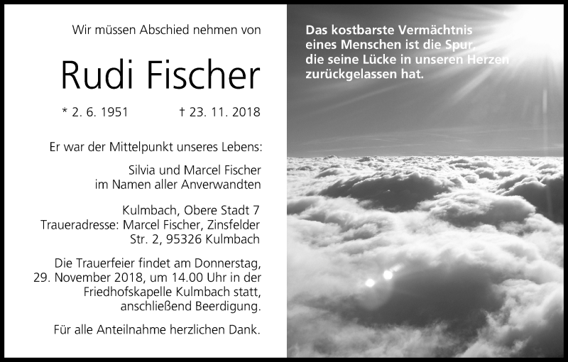  Traueranzeige für Rudi Fischer vom 26.11.2018 aus MGO