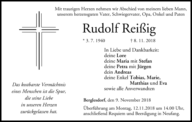  Traueranzeige für Rudolf Reißig vom 09.11.2018 aus MGO