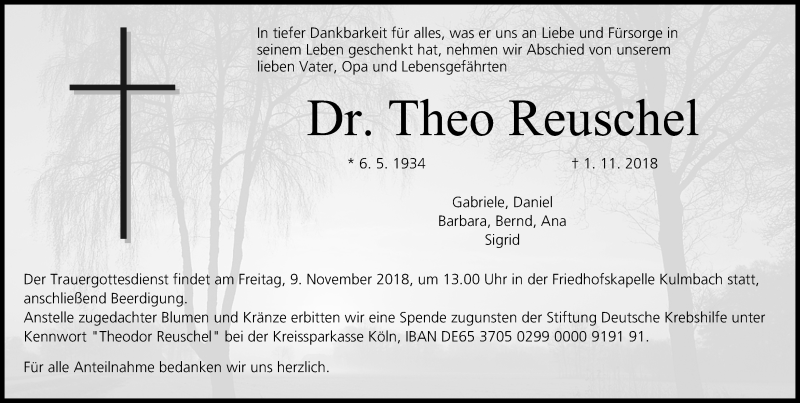  Traueranzeige für Theo Reuschel vom 07.11.2018 aus MGO