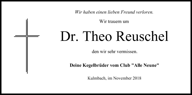  Traueranzeige für Theo Reuschel vom 09.11.2018 aus MGO