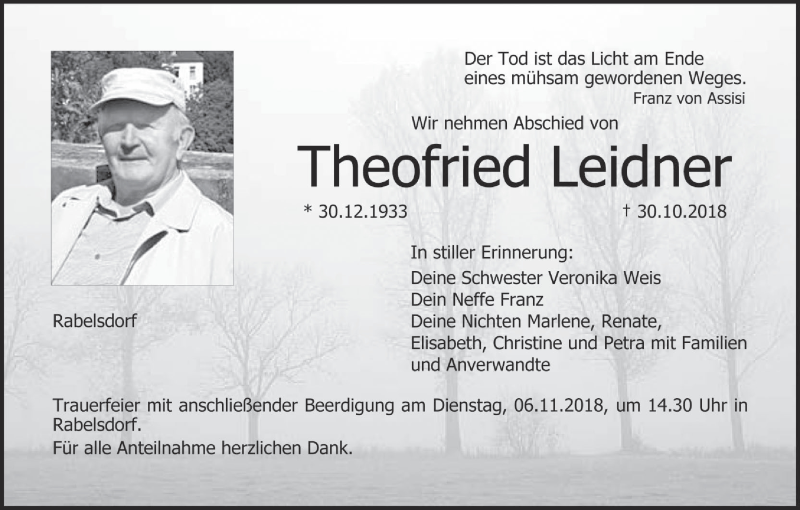  Traueranzeige für Theofried Leidner vom 03.11.2018 aus MGO