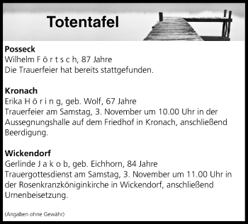 Anzeige von Totentafel vom 03.11.2018 von MGO