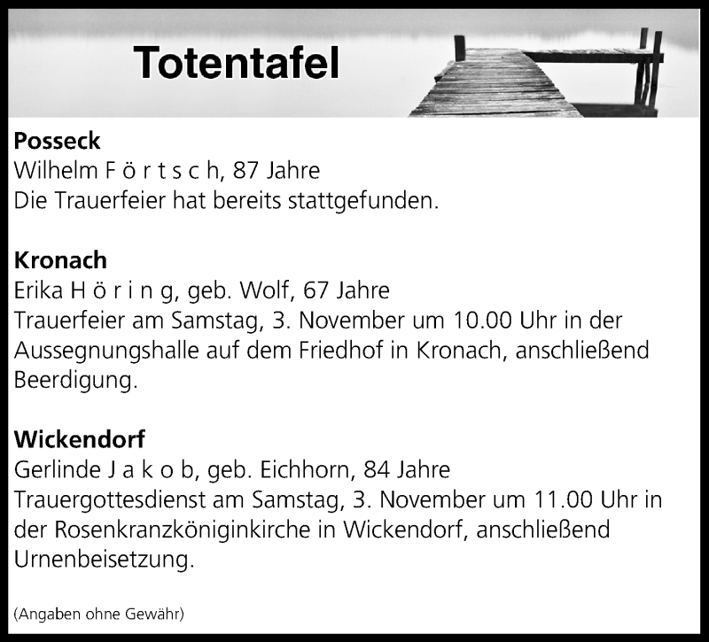  Traueranzeige für Totentafel vom 03.11.2018 vom 03.11.2018 aus MGO