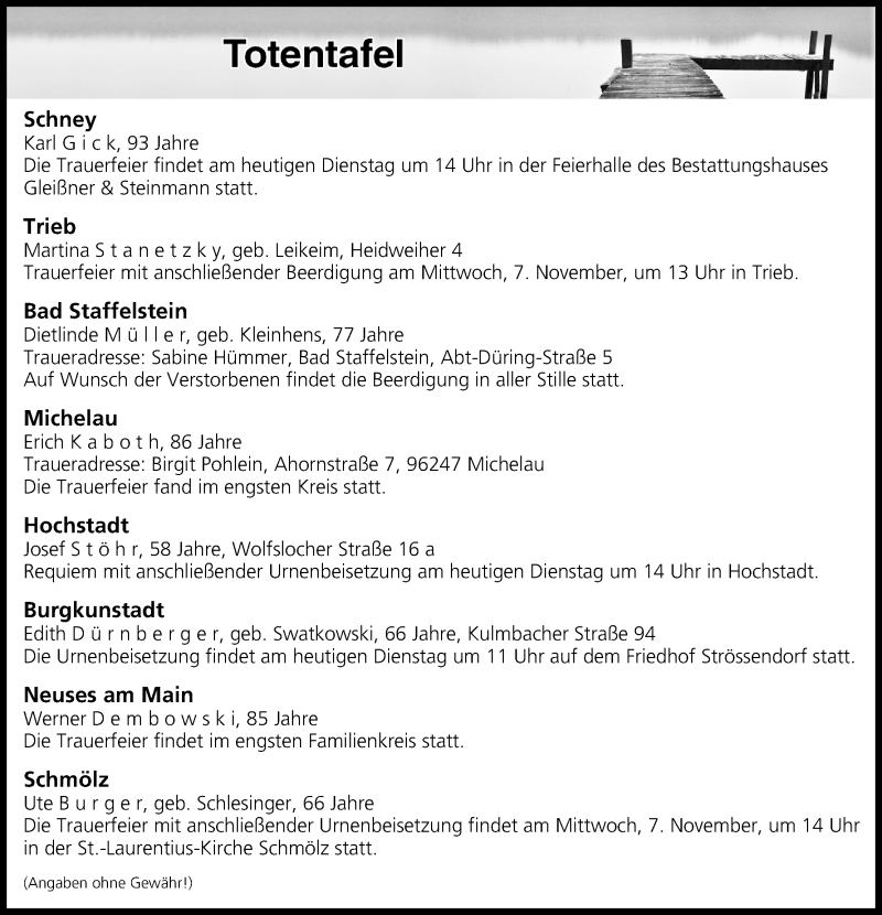  Traueranzeige für Totentafel vom 06.11.2018 vom 06.11.2018 aus MGO