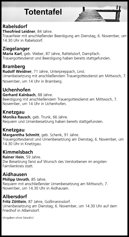  Traueranzeige für Totentafel vom 06.11.2018 vom 06.11.2018 aus MGO