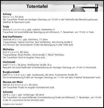 Anzeige von Totentafel vom 06.11.2018 von MGO