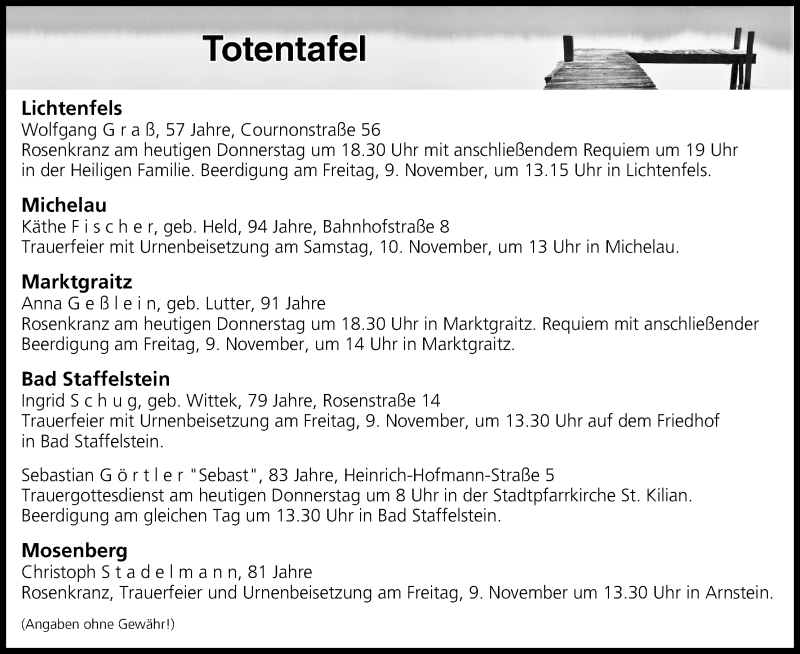  Traueranzeige für Totentafel vom 08.11.2018 vom 08.11.2018 aus MGO