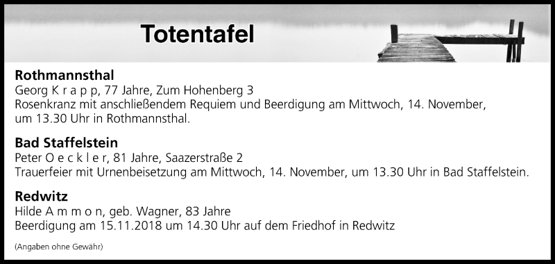  Traueranzeige für Totentafel vom 13.11.2018 vom 13.11.2018 aus MGO