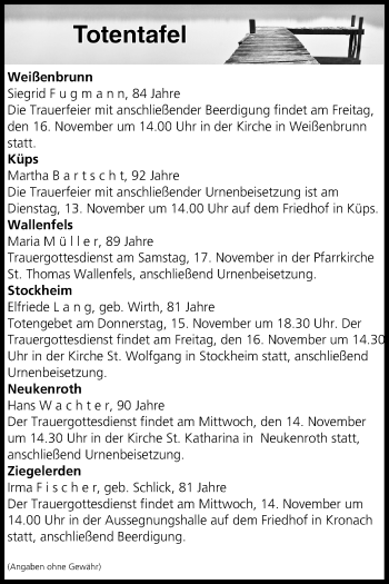 Anzeige von Totentafel vom 13.11.2018 von MGO