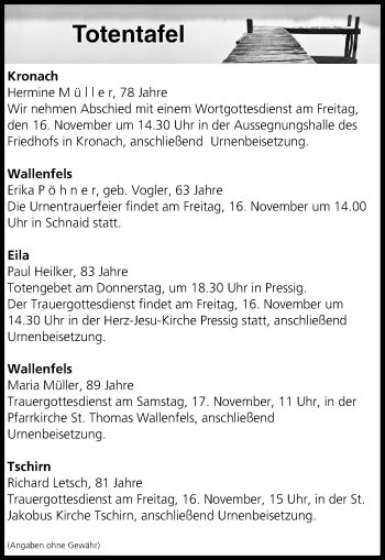 Anzeige von Totentafel vom 15.11.2018 von MGO