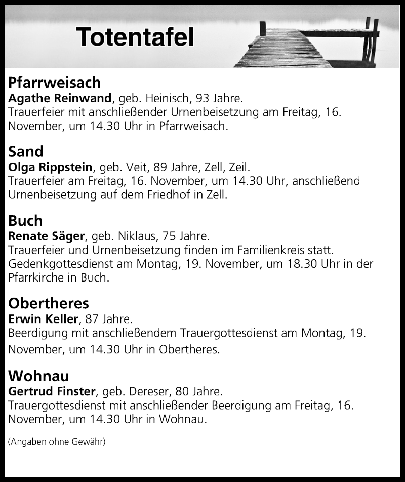  Traueranzeige für Totentafel vom 15.11.2018 vom 15.11.2018 aus MGO