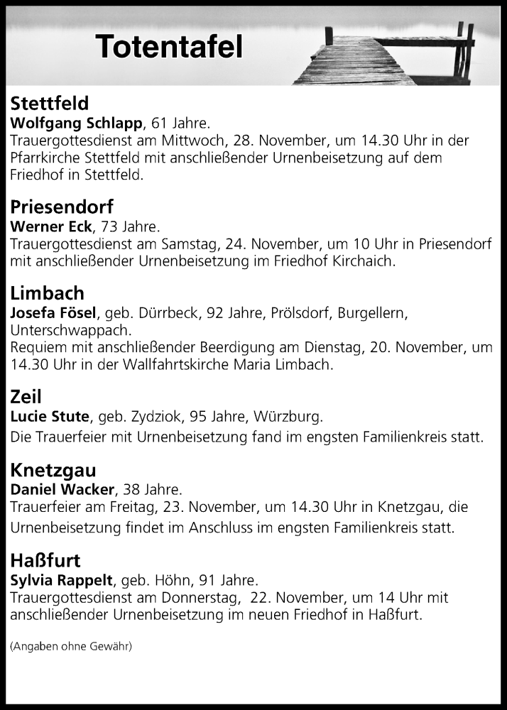  Traueranzeige für Totentafel vom 20.11.2018 vom 20.11.2018 aus MGO