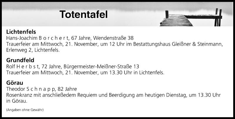  Traueranzeige für Totentafel vom 20.11.2018 vom 20.11.2018 aus MGO