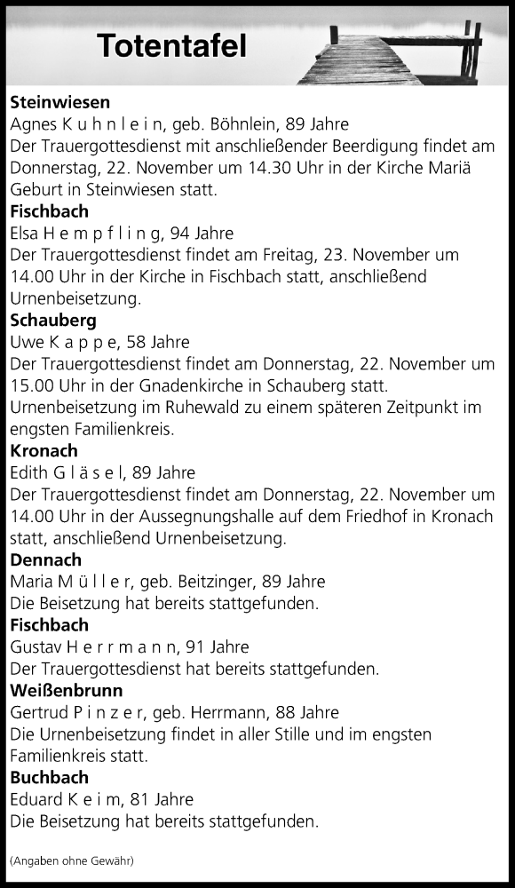  Traueranzeige für Totentafel vom 21.11.2018 vom 21.11.2018 aus MGO