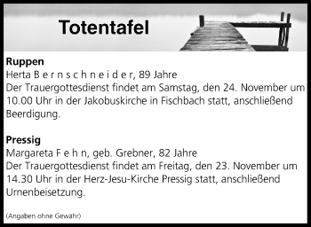Anzeige von Totentafel vom 23.11.2018 von MGO