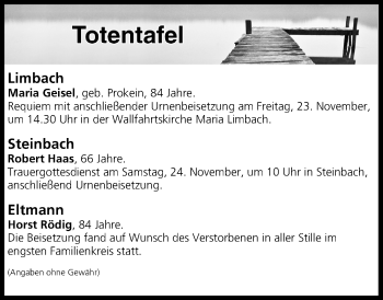 Anzeige von Totentafel vom 23.11.2018 von MGO