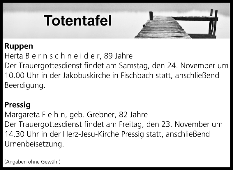  Traueranzeige für Totentafel vom 23.11.2018 vom 23.11.2018 aus MGO