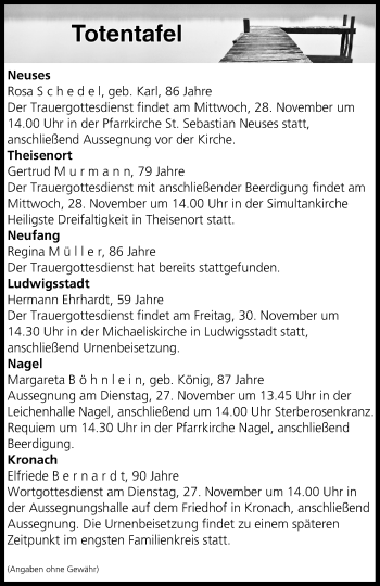 Anzeige von Totentafel vom 27.11.2018 von MGO