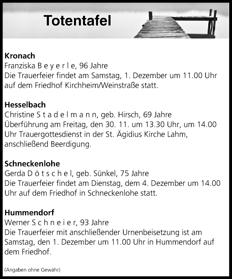  Traueranzeige für Totentafel vom 30.11.2018 vom 30.11.2018 aus MGO