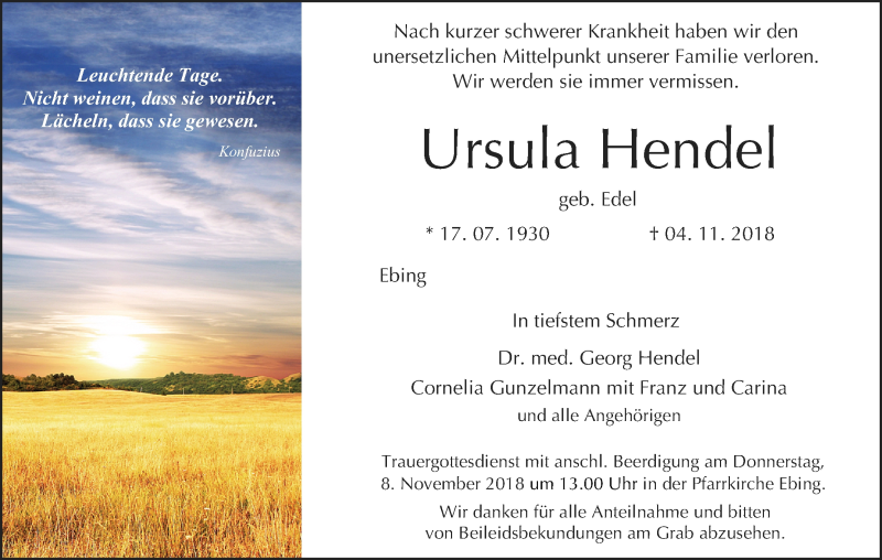  Traueranzeige für Ursula Hendel vom 07.11.2018 aus MGO