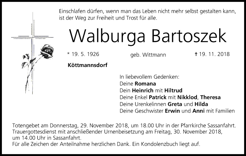  Traueranzeige für Walburga Bartoszek vom 24.11.2018 aus MGO