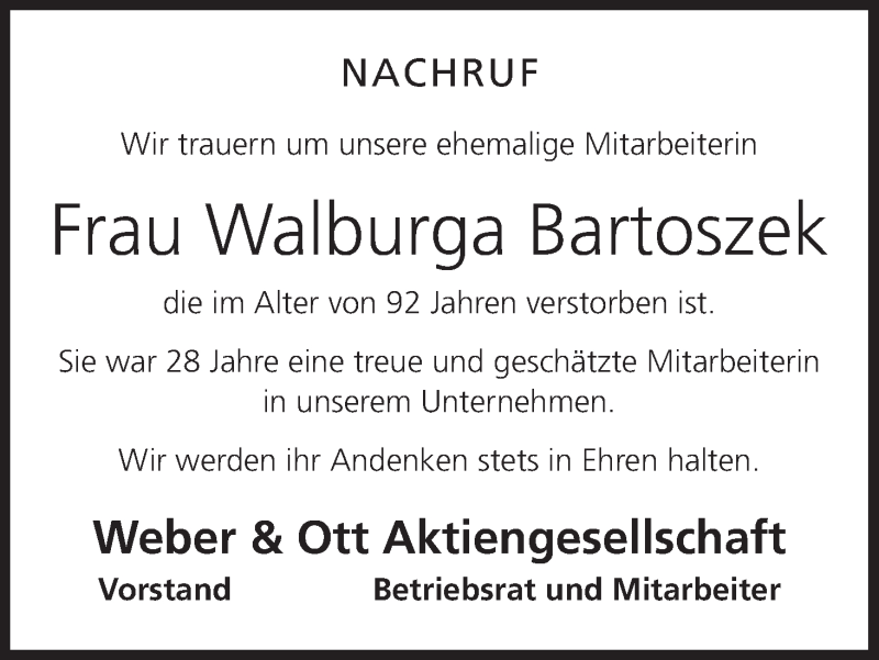  Traueranzeige für Walburga Bartoszek vom 29.11.2018 aus MGO