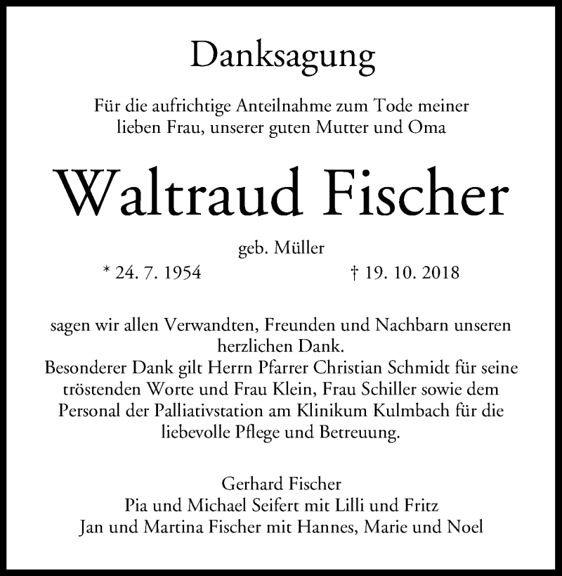  Traueranzeige für Waltraud Fischer vom 14.11.2018 aus MGO