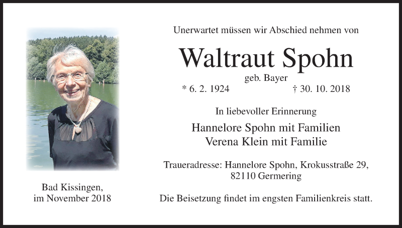  Traueranzeige für Waltraut Spohn vom 10.11.2018 aus MGO