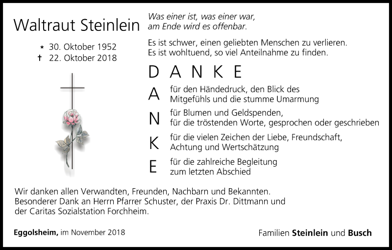  Traueranzeige für Waltraut Steinlein vom 17.11.2018 aus MGO