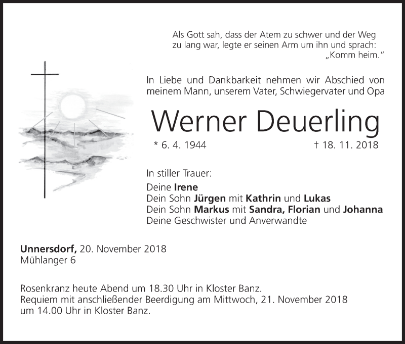  Traueranzeige für Werner Deuerling vom 20.11.2018 aus MGO