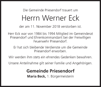 Anzeige von Werner Eck von MGO