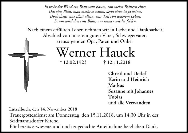  Traueranzeige für Werner Hauck vom 14.11.2018 aus MGO
