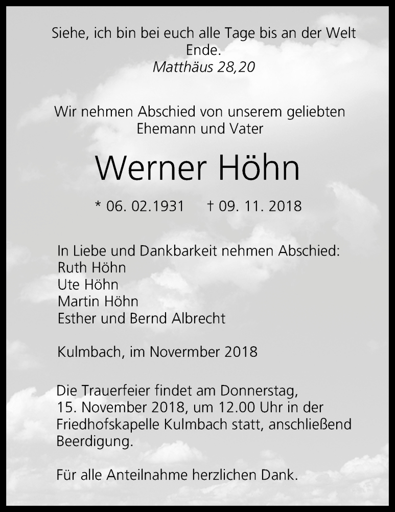  Traueranzeige für Werner Höhn vom 14.11.2018 aus MGO