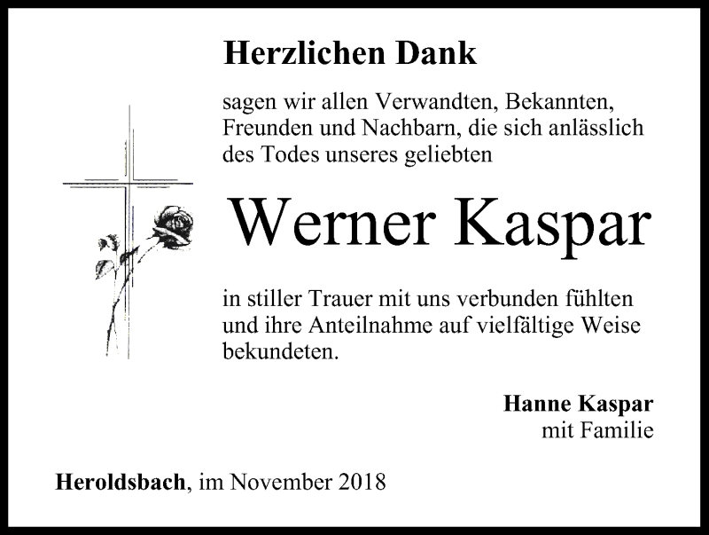  Traueranzeige für Werner Kaspar vom 10.11.2018 aus MGO