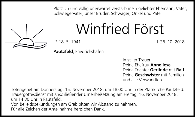  Traueranzeige für Winfried Först vom 10.11.2018 aus MGO