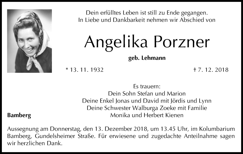  Traueranzeige für Angelika Porzner vom 11.12.2018 aus MGO