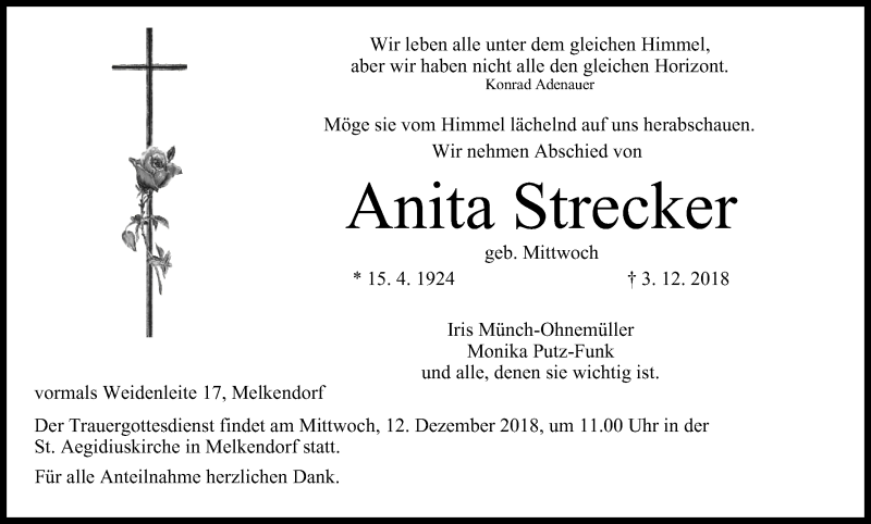  Traueranzeige für Anita Strecker vom 10.12.2018 aus MGO