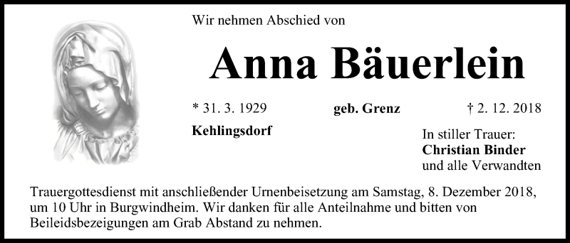  Traueranzeige für Anna Bäuerlein vom 06.12.2018 aus MGO