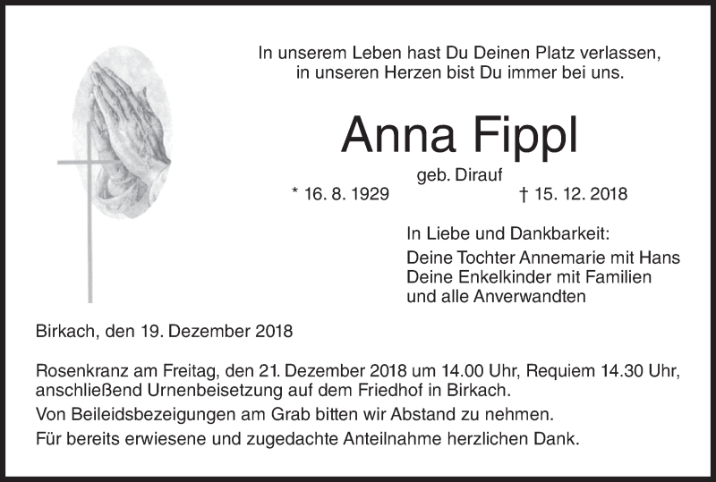  Traueranzeige für Anna Fippl vom 19.12.2018 aus MGO