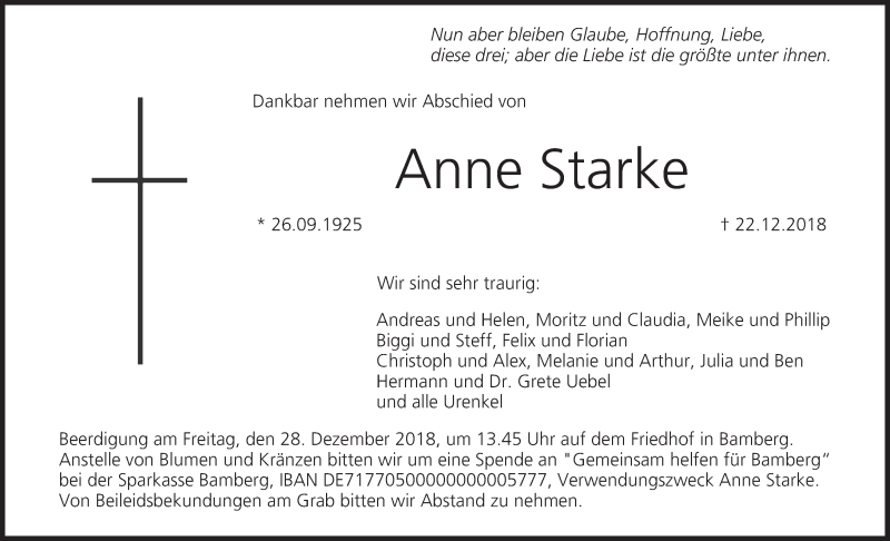 Traueranzeige für Anne Starke vom 24.12.2018 aus MGO